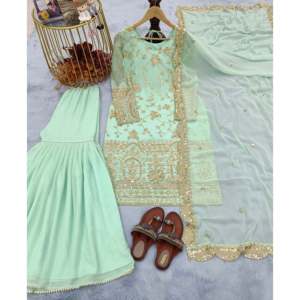 Ensemble haut, palazzo et dupatta pour femmes, vêtements de soirée, pour des occasions élégantes - Product Image 1