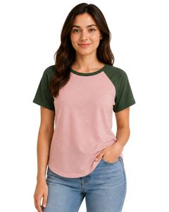 Customized <b>Blush</b> Pink And Forest Green Raglan T Shirt For Women Casual Crew Neck Short Sleeve Soft Cotton Blend Summer Fashion - Product Image 1