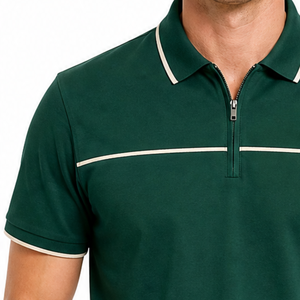 เสื้อโปโลสีเขียวมรกตคุณภาพสูง OEM สำหรับผู้ชาย ซิปติดแถบตัดสี แขนสั้น ระบายเหงื่อได้ดี - Product Image 3