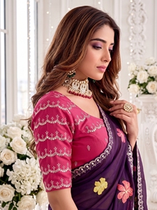 AARA Fashion Purple Floral Embroidered Rayon Saree Pink <b>Blouse</b> for Women Sun Protection All Seasons Traditional Wedding Wear - Product Image 5