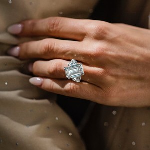 <b>Emerald</b> Cut Three Stone Lab Grown Diamond Sterling <b>Silver</b> Calf Cut Diamond Side Engagement Wedding Anniversary Luxury <b>Ring</b> - Product Image 3