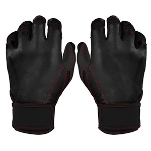 Black Leather Batting <b>Gloves</b> with <b>Red</b> Stitching Hook and Loop Closure for Training Unisex Adult - Product Image 1