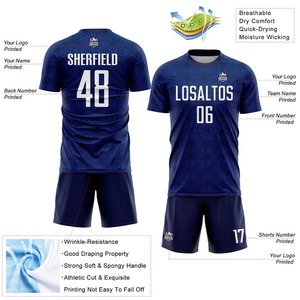 Maillot de football personnalisé bleu marine et blanc à motifs géométriques par sublimation, respirant, séchage rapide, uniforme de football, tenue d'équipe, vêtements de sport d'entraînement - Product Image 2