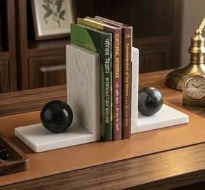 Modern Marble Bookends with Decorative Ball Accent Book Holder Set for <b>Bookshelf</b> Office Living Room Tabletop Home Décor Organize - Product Image 1