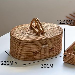 Rattan Eco-Friendly Mini Oval Storage <b>Basket</b> <b>with</b> <b>Lid</b> Handmade Woven Organizer <b>with</b> Handle for Food Storage Home Picnic - Product Image 2