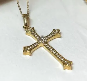 Moissanite Cross Wedding <b>Pendant</b> <b>Solid</b> 14K Yellow <b>Gold</b> 1.20 Carat Round Cut VVS1 Luxury Religious Necklace - Product Image 1