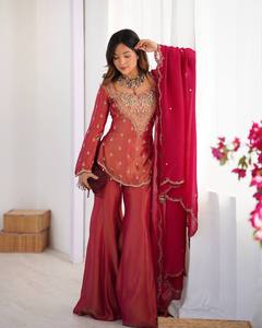 Conjunto de Palazzo de Seda Simar Bordado para Mujer con Dupatta, Kurta Brillante, Salwar Kameez, Traje Festivo Indio Pakistaní - Product Image 3