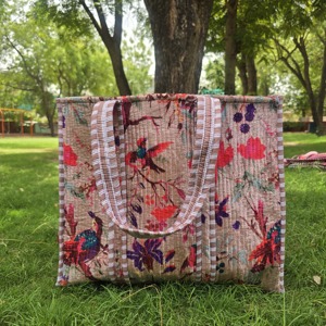 Bolso Tote Grande de Hombro, Hecho a Mano en India, 100% Algodón, Estampado con Bloques, Acolchado, para Mujer - Product Image 3