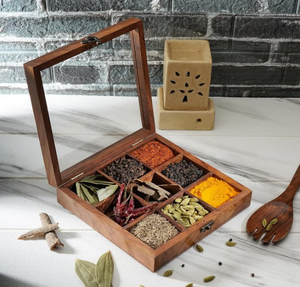 Boîte à épices en bois de style artisanal – Masala Dabba indien fait main, organisateur de cuisine rustique, couvercle en verre - Product Image 3