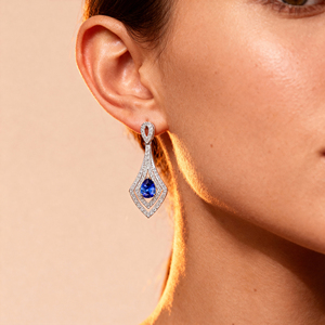 18Kt Solid Gold Lab Grown Blue Sapphire & Real Diamonds <b>Fine</b> Jewlery Trendy Dangle Drop <b>Earrings</b> ODM Valentines Day Gift For Her - Product Image 2