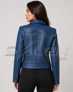 Exclusive Handcrafted Blue Intrecciato Cowhide <b>Leather</b> <b>Jacket</b> Unisex Luxury Woven Designer Outerwear Private Label - Product Image 2