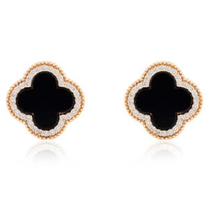 Pendientes de Oro Blanco de 18K con Ónix en Forma de Trébol y Diamantes Pavé - Product Image 2