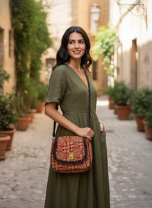 Sac bandoulière en coton fait main Ethic Ajrakh Print pour femme, style bohème, avec garniture en cuir tressé, fermeture magnétique torsadée, moderne et souple - Product Image 2