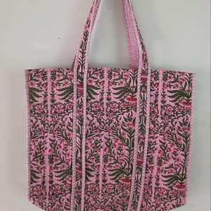 Cotton Quilted Striped Long Handle Tote Bag Indian Handmade Summer for Women Open Creative Fashion <b>Shoulder</b> <b>Strap</b> Travel Use - Product Image 1