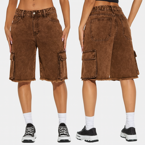 <b>Women</b> Acid-Wash <b>Cargo</b> Denim Shorts High Waist Crystal Distressed Knee-Length Frayed Hem Multi-Pocket Streetwear Summer - Product Image 5