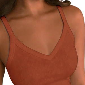 Débardeur côtelé uni respirant pour femme, col en V, coupe ajustée, bretelles spaghetti, fronces latérales, logo frontal, tee-shirt décontracté d'été - Product Image 3
