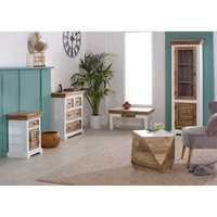 Armoire d'angle moderne en bois massif blanc et bois naturel avec 2 portes à persiennes et porte vitrée haute, au design durable et écologique