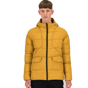 Men's <b>Yellow</b> Hooded <b>Puffer</b> <b>Jacket</b> Windproof Casual Winter Outerwear Polyester Filling Zipper Closure Regular Fit - Product Image 1