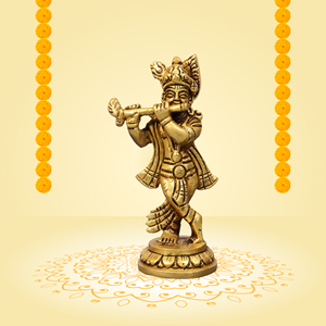 Estatua de Latón del Dios Krishna, Figura Religiosa Bañada en Oro de 10 cm, Ídolo de Murli Manohar para Decoración del Hogar - Product Image 1