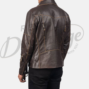 Veste de motard en cuir marron foncé pour homme, style vintage vieilli, en véritable peau de mouton, coupe ajustée, automne-hiver, avec ceinture - Product Image 2