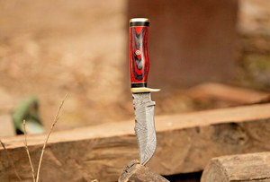 Cuchillo de caza de acero de Damasco personalizado OEM de Edge Master Manufacture, cuchillo de supervivencia Bushcraft de hoja fija con mango de madera roja y cuero. - Product Image 2
