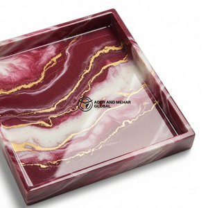 Plateau élégant en résine rouge vin – Plateau de service effet marbre avec détails veineux dorés - Product Image 3