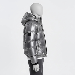 Men's Hooded <b>Puffer</b> <b>Jacket</b> <b>Silver</b> Metallic Glossy Quilted Windproof Winter Coat Outerwear - Product Image 2