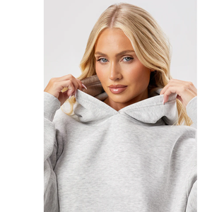 Custom Light <b>Grey</b> Women Pullover Hoodie Loose Fit Plain Drop Shoulder <b>Sweatshirt</b> Pocket - Product Image 5