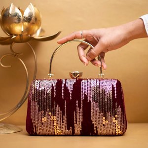 Golden <b>Sequins</b> Maroon Embroidery Clutch Elegant Floral <b>Handbag</b> for Wedding and Party Occasions - Product Image 1