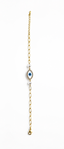 Gold Plated Chain Bracelet Adjustable Chain Link <b>Bangle</b> Blue Center Stone Pearl Accent for Women - Product Image 2