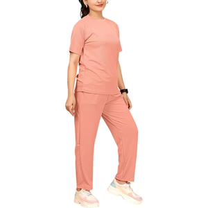 Women's Pink Tracksuit Short Sleeve Crew Neck Loose Fit Full Length <b>Pants</b> Side Pockets Elastic Waist Casual Wear - Product Image 4