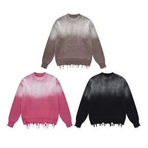 Pull en tricot surdimensionné tie-dye avec ourlet à franges, col rond unisexe, couleur dégradée, manches régulières, vêtement d'automne - Product Image 3