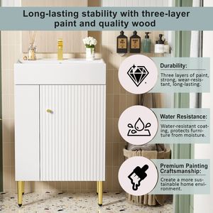 Mobile bagno bianco da 21,6 pollici con lavabo singolo in ceramica, mobiletto e vano portaoggetti laterale sinistro - Set mobiletto singolo - Product Image 6