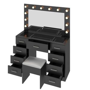 Large Lighted 12 LED Mirror Makeup Vanity Desk Set with 9 Drawers Glass Top Vanity Table with Power Outlet - Product Image 6