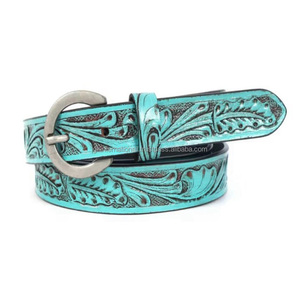 Cinturón de Cuero Estilo Western con Grabado Floral Turquesa Tallado a Mano, Elegante y Duradero para Hombre y Mujer - Product Image 5
