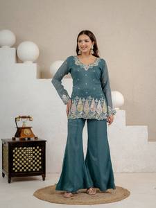 Heavy Crunchy Silk Embroidered Kurti Palazzo Dupatta Set for <b>Women</b> Ready to Wear Indian Ethnic Party Wear <b>Suit</b> - Product Image 1