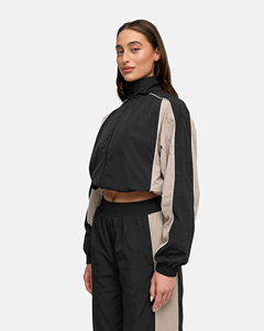 Conjunto de chándal impermeable cortavientos para mujer con contraste, chaqueta con cremallera y pantalones holgados con ribete de línea blanca - Product Image 5