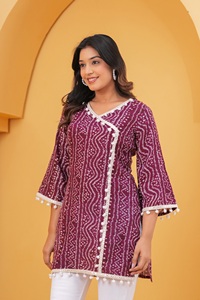 Women Rayon Printed Kurti Top Wine Ethnic <b>Tunic</b> with Pom Pom Lace Casual Wear Kurti - Product Image 2