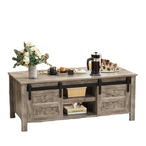 Mesa de Centro Rústica Estilo Granja con Puerta Corredera y Estante de Almacenamiento, Hecha con Madera Sólida para Sala de Estar - Product Image 1
