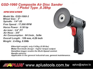 Lijadora de Disco Neumática Compuesta APLUS GSD-1060-3 / Tipo Pistola, 3'pad 0.38hp, 17000rpm - Product Image 2