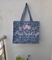 Tas Tote Bohemian Katun Motif Bunga Cetak Tangan Indigo Elegan untuk Wanita, Quilting Kantha, Pegangan Bergaris, Kualitas Tinggi