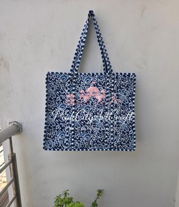 Elegant Indigo Hand Block Printed Cotton Bohemian Tote Bag Kantha Quilting Striped Handles Open High Quality <b>Shoulder</b> <b>Straps</b> - Product Image 3