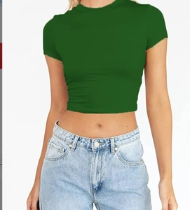 Women's <b>Red</b> <b>Crop</b> <b>Top</b> Short Sleeve Crew Neck Knitted Slim Fit Casual Solid Color Spring Summer - Product Image 3