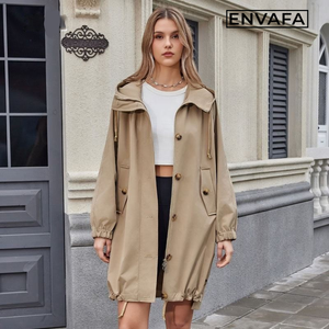 Gabardina Impermeable y Cortavientos para Mujer, Color Caqui, con Capucha, Estilo Moderno, con Cierre y Botones, de Poliéster - Product Image 3