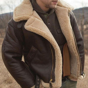 Winter Jacket Wholesale Leather Contrast <b>Tan</b> Shearling Collar Waist <b>Belt</b> <b>Men</b> Casual Aviator Style Warm Coat Bulk Factory - Product Image 4