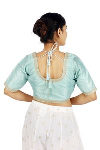 Blusa Azul Bordada para Mujer, Top Corto con Cuello en V, Camisa Estampada de Manga Corta para Festivales - Product Image 3