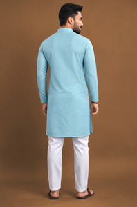 <b>Men's</b> Light Blue Cotton <b>Kurta</b> White Churidar Pants Traditional Indian Ethnic Wear Regular Fit Knee-Length Wedding Graduation XL - Product Image 3