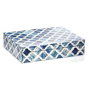 AL MALIK CRAFT Caja de Almacenamiento Rectangular de Madera con Patrón Geométrico Azul y Blanco, Organizador de Joyas, Capacidad de 1-3L - Product Image 1