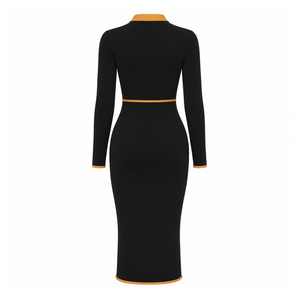 NCBW Women's <b>Black</b> <b>Bodycon</b> Midi <b>Dress</b> With Contrast Golden Polo Collar Quarter Zip <b>Long</b> <b>Sleeve</b> Fitted Casual <b>Dress</b> - Product Image 4