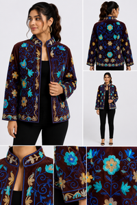 Artisan Wine <b>Velvet</b> Jacket Women Turquoise Floral Embroidery Modal Outerwear Elegant Winter <b>Blazer</b> Traditional Festive Coat - Product Image 5